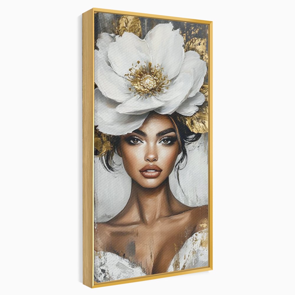 Tablou canvas cu tablou canvas cu portret de femeie si floare, in rama de aluminiu auriu